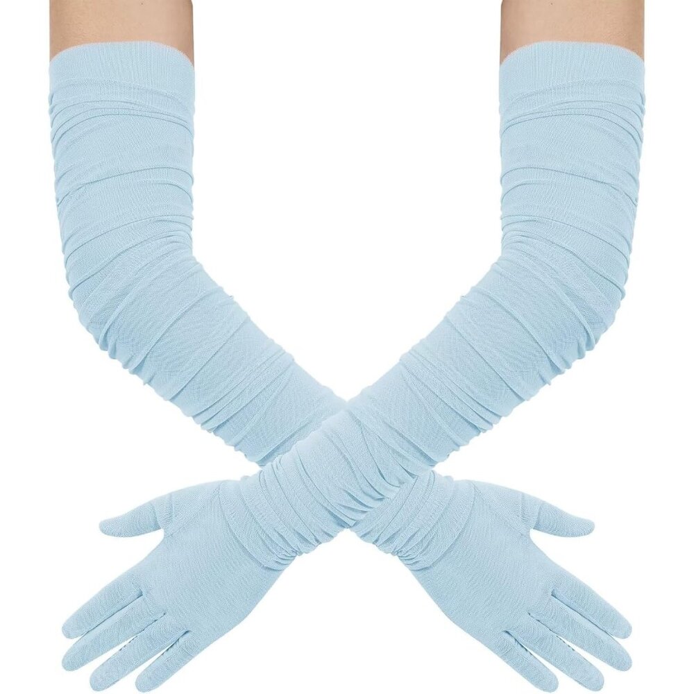 Women's Light Blue Stretchy Tulle Spandex Sheer Satin Long Gloves Party Prom
